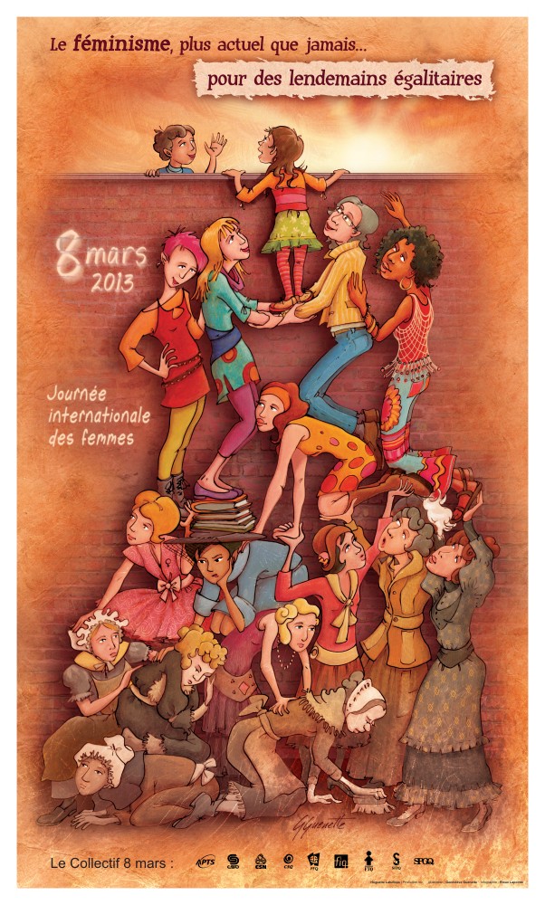 Affiche 8 mars, le Collectif 8 mars. Huguette Latulippe inc. Illustration : Geneviève Guénette